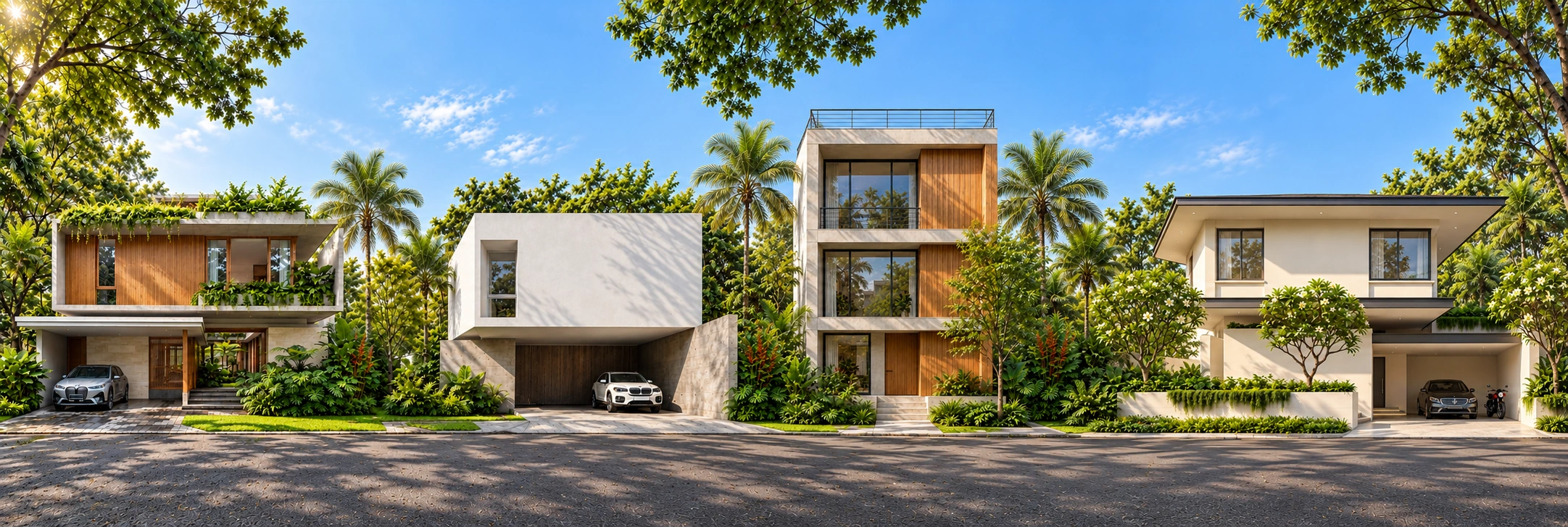 A street of four contemporary concept houses with tropical planting